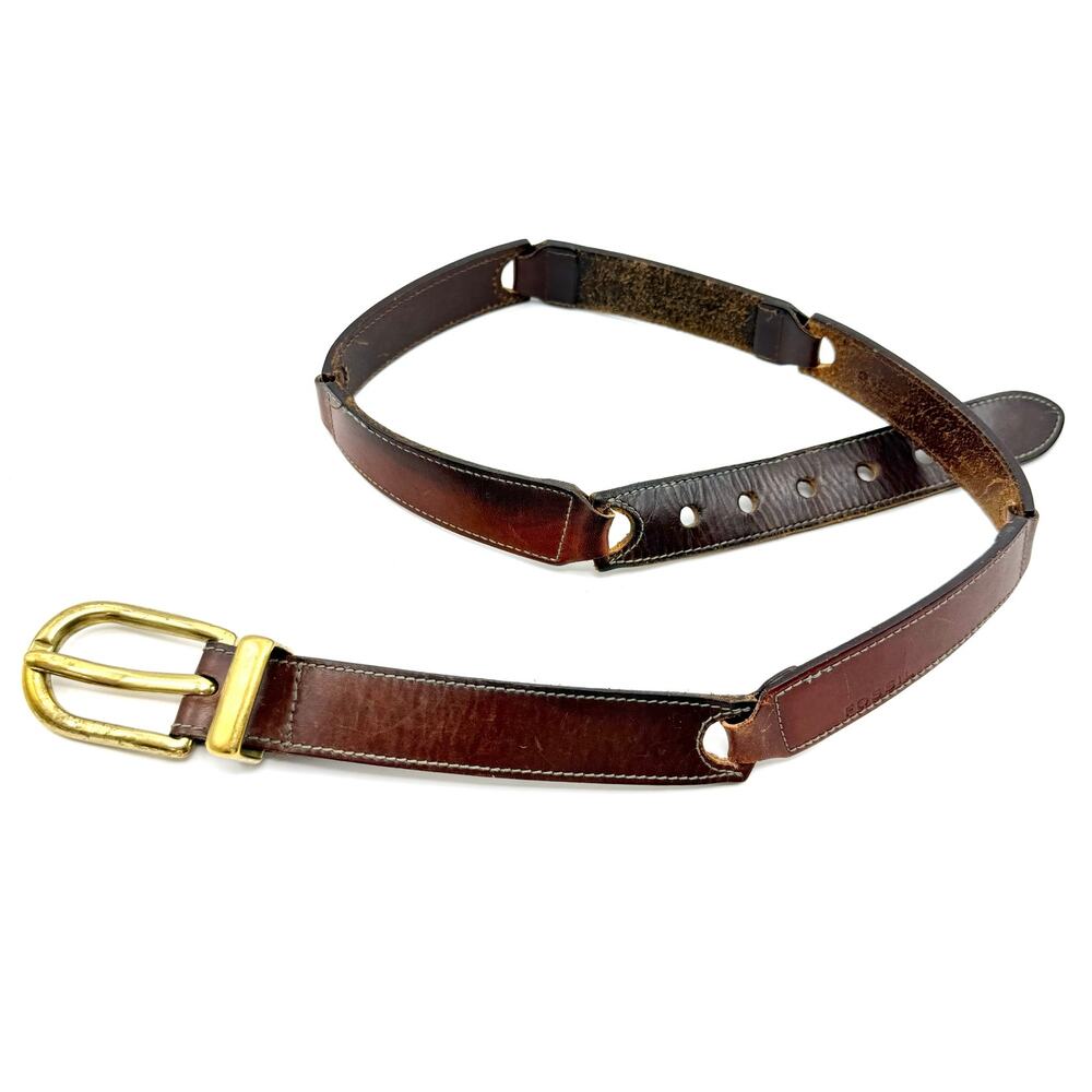 Fossil Brown Linked Leather Patchwork Belt L 31-35” Solid Brass Buckle Boho